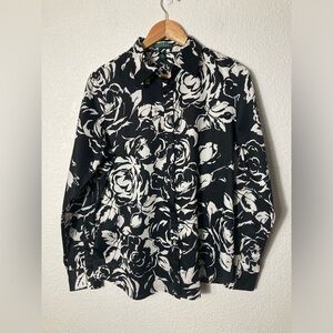 Lauren Ralph Lauren black and white roses print button down shirt long sleeve L